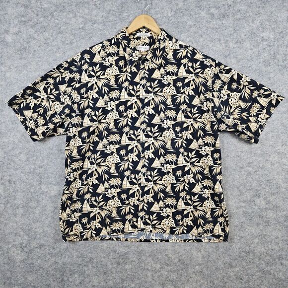 Pierre Cardin Hawaiian/Tropical‎ Shirt Size XXL 100% Cotton Boats Palms Hibiscus - Picture 1 of 9